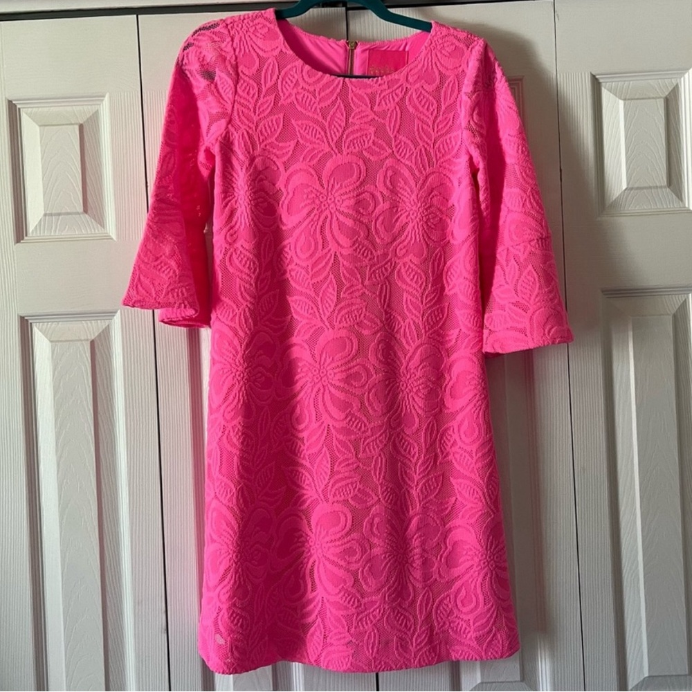 Lily Pulitzer Brand new with tags hot pink dress, ruffle sleeves, lace overlay
